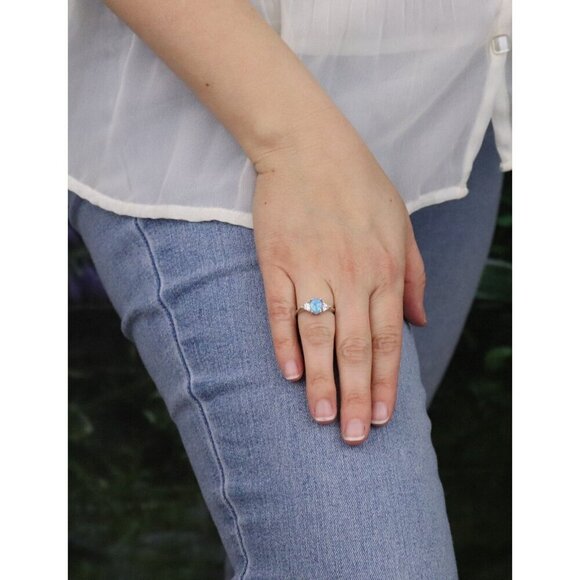 Sterling Silver Blue Opal and Cubic Zirconia Ring Size 6 1/4 - Picture 4 of 8